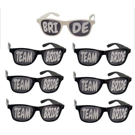 11 Oculos Escuro Preto Retro com Adesivo Bride e Team Bride na Lente